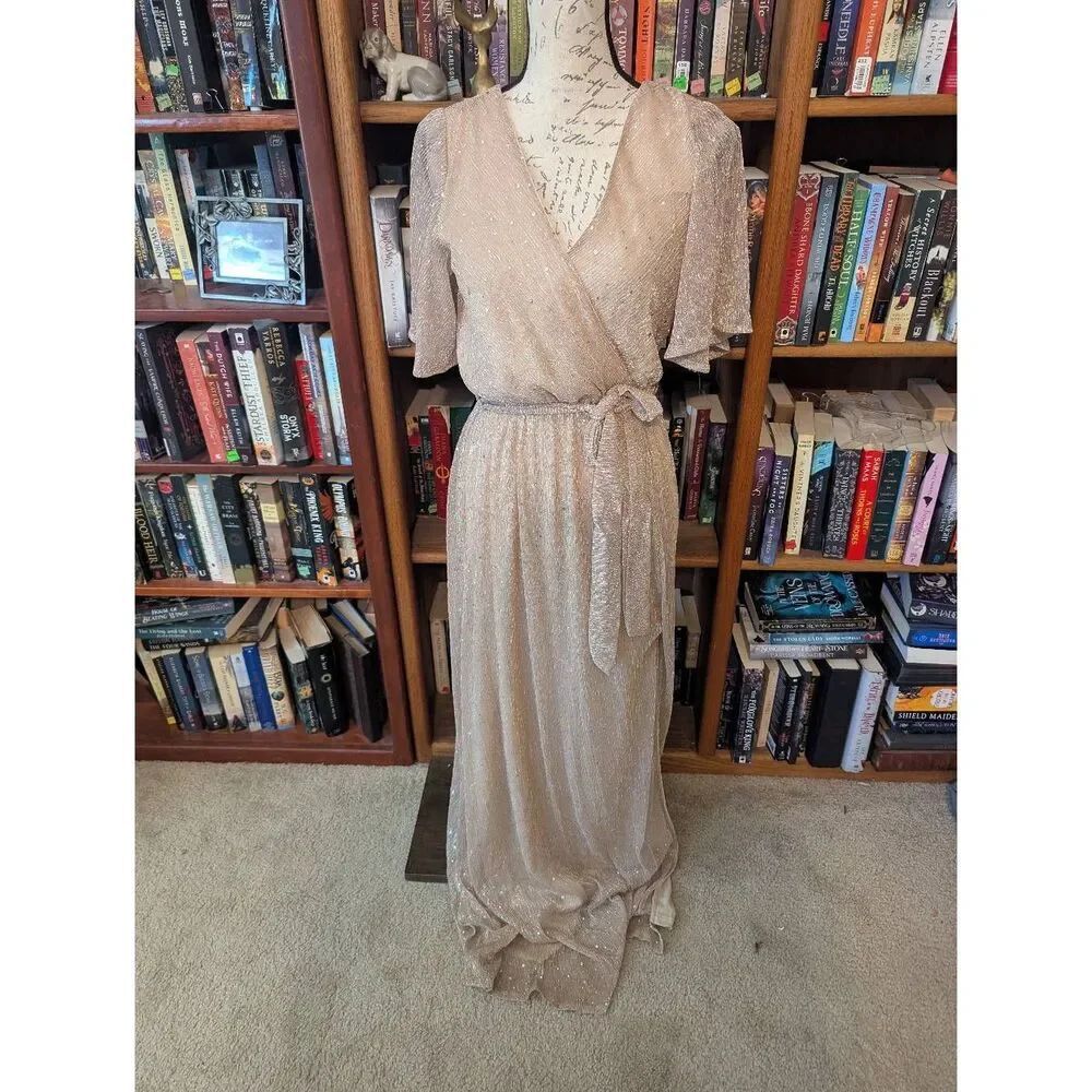 Baltic Born Women’s M Grace V Neck Short Sleeve Spark Champagne Gown Maxi Dress